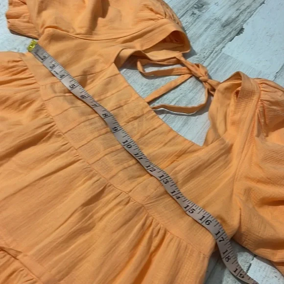 Anthropologie Square Neck Puff Sleeve Orange Dress Size Medium - Picture 7 of 11